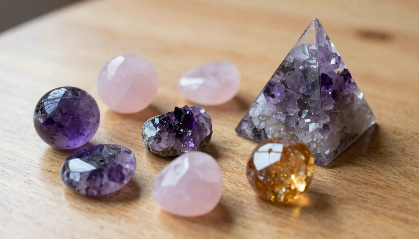 Close-up of various polished gemstones like amethyst, rose q...