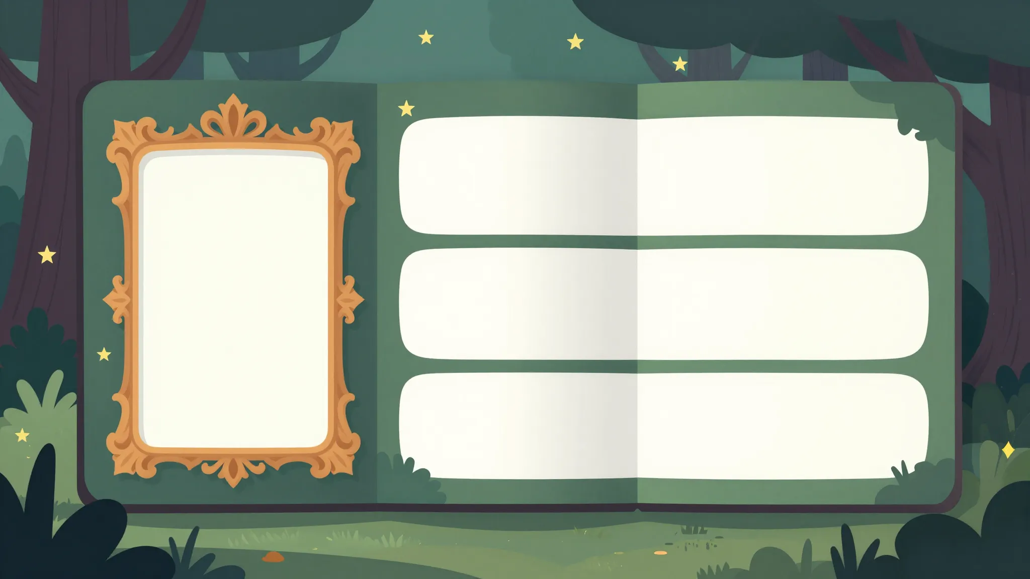 Flat 2D book spread layout, two symmetrical pages. Left page...