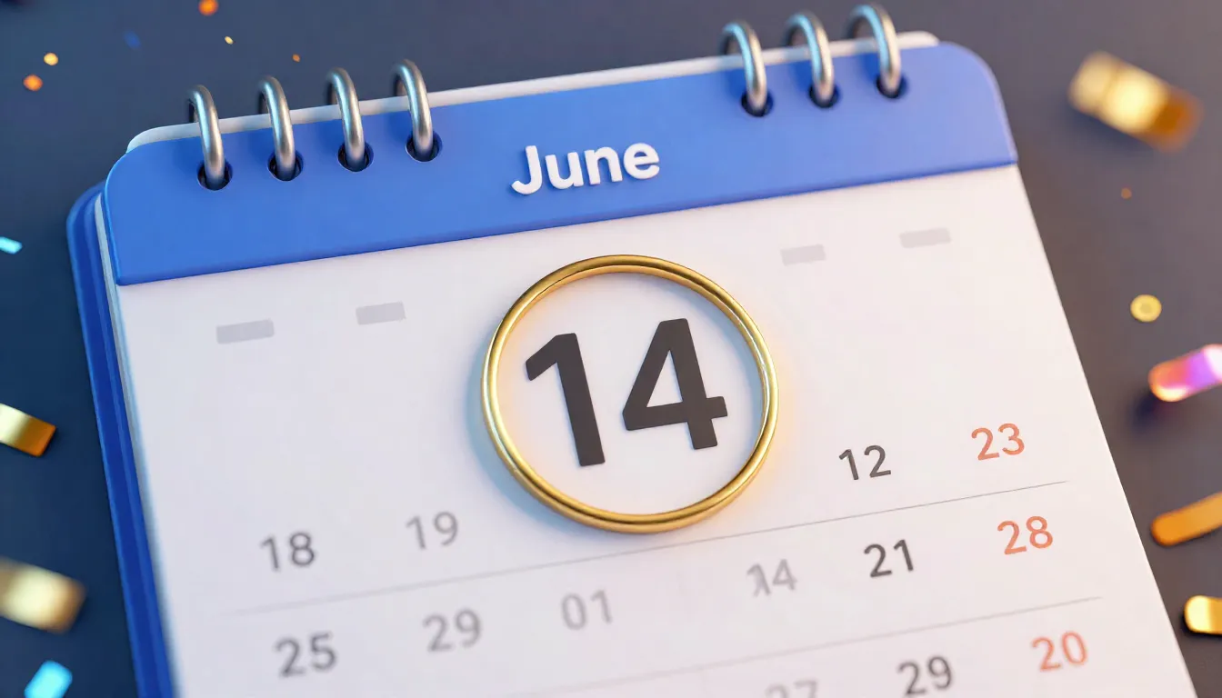 A futuristic calendar page showing June 14, 2026, with a gol...