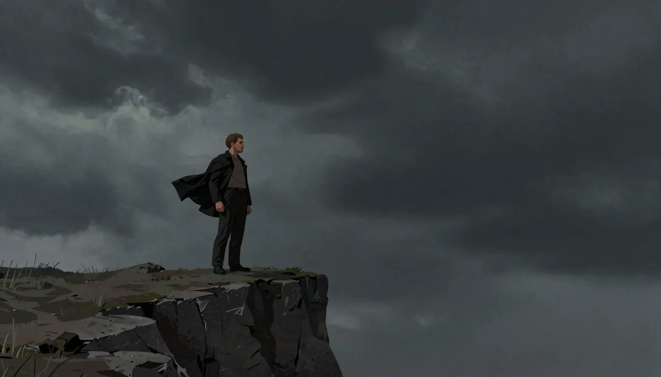 A dramatic cinematic shot of a man standing on a high cliff,...