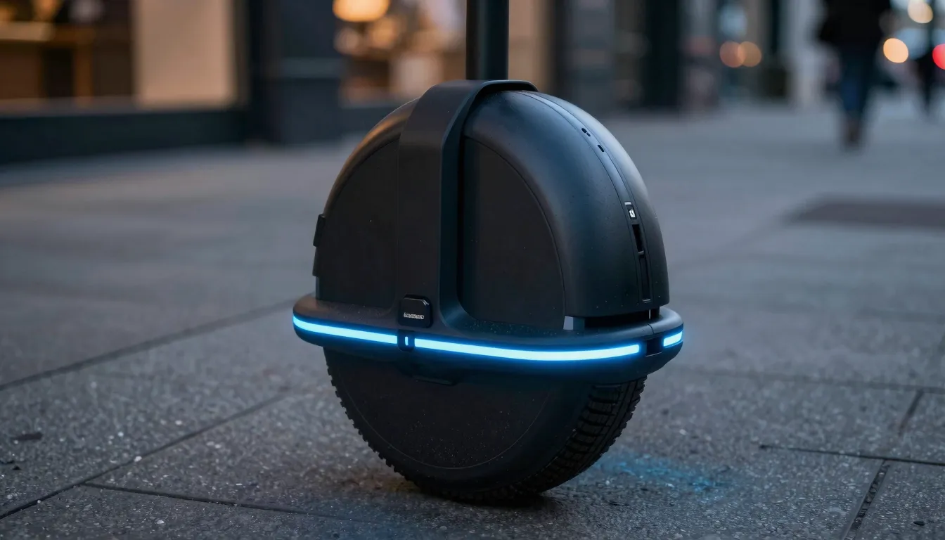 Close-up of a stylish electric unicycle with glowing LED lig...