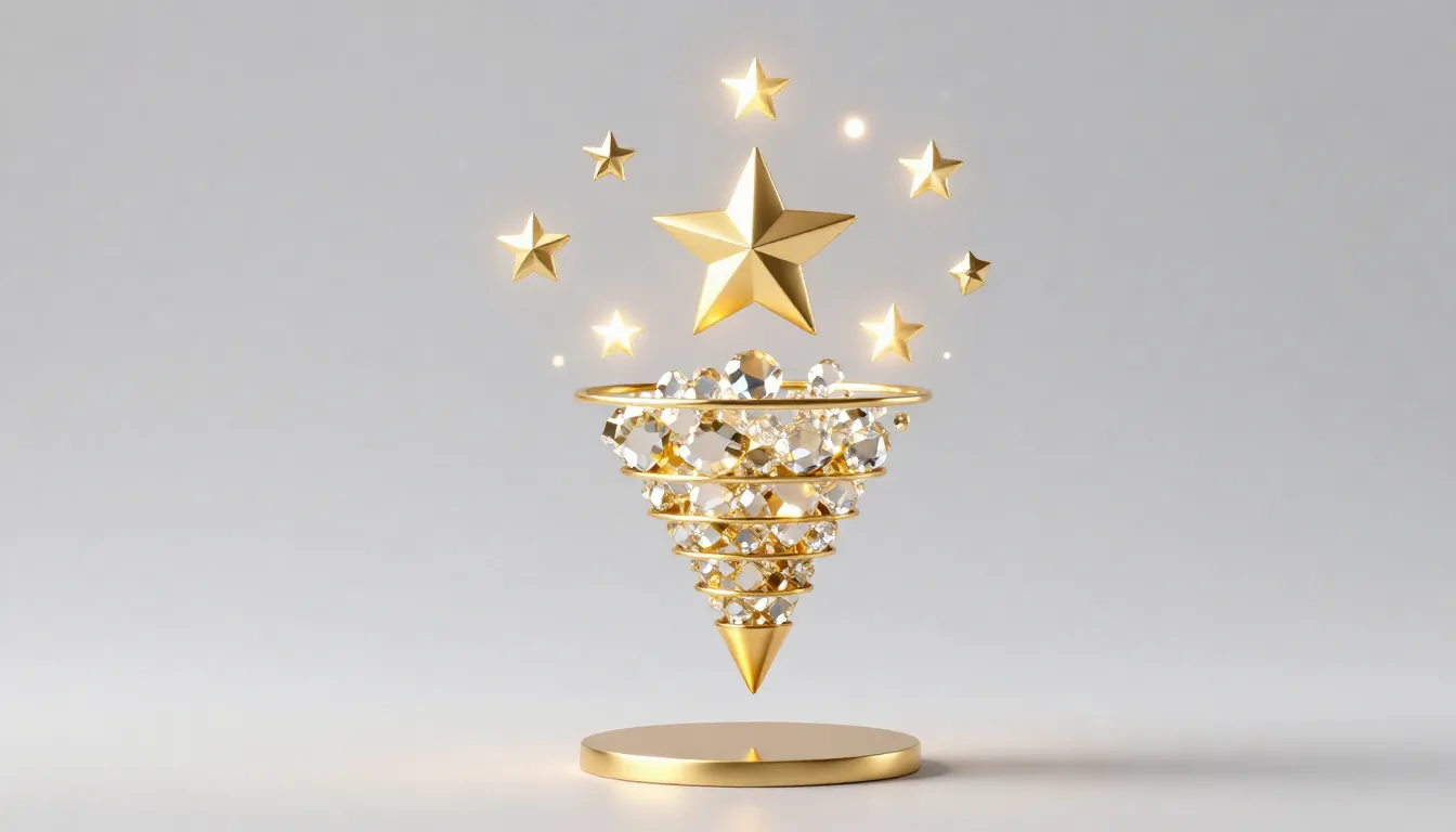 A professional marketing funnel made of gold and crystals, c...