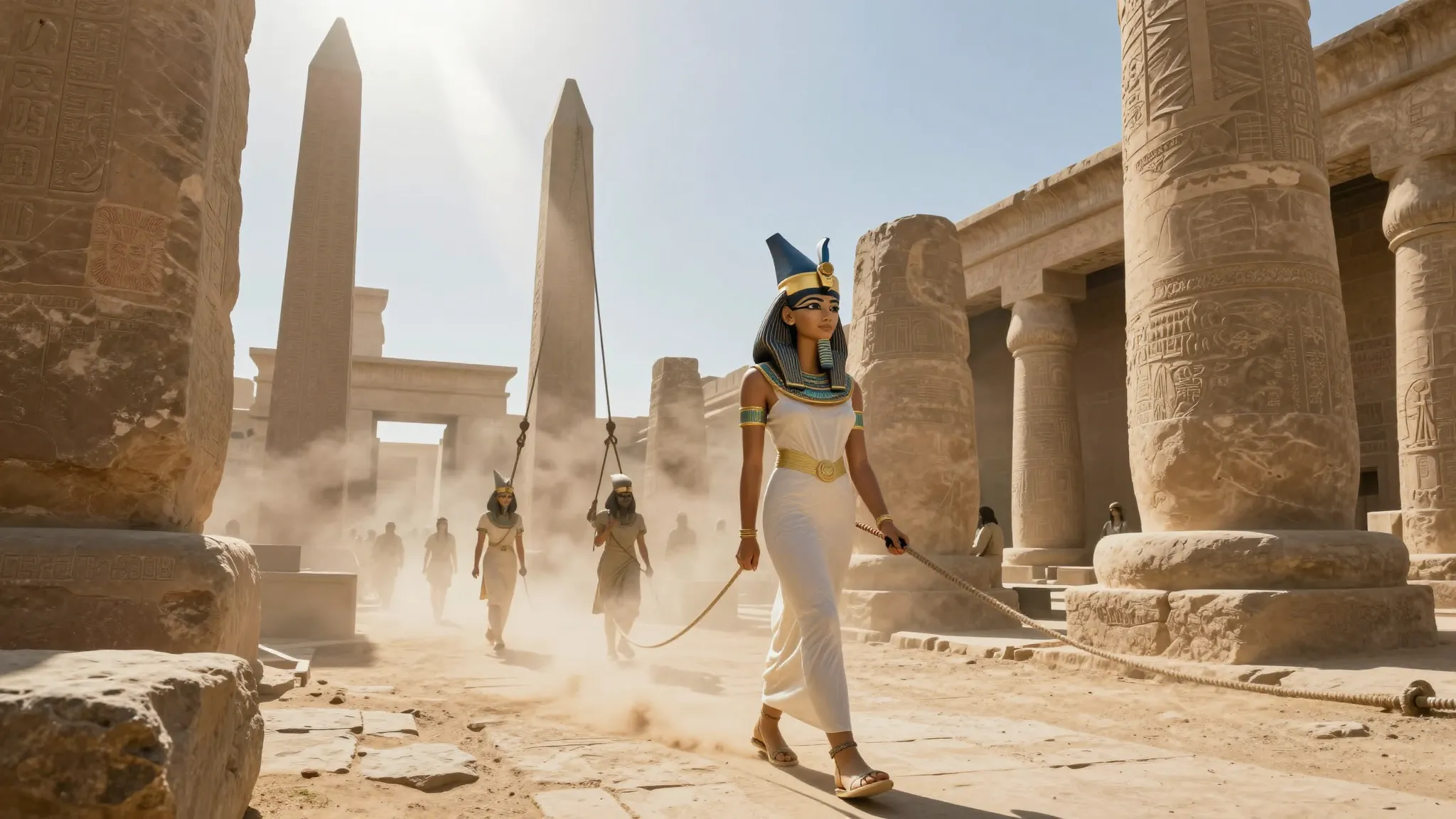 Ancient Egyptian construction site, massive stone obelisks b...