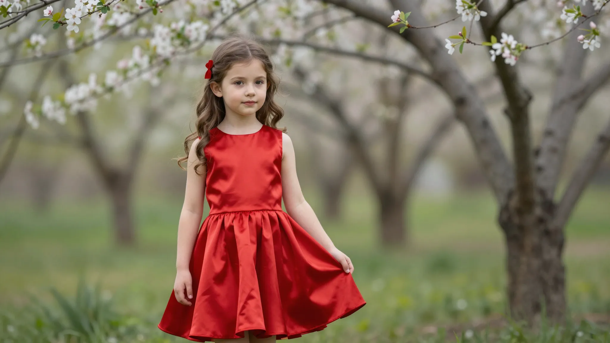 A beautiful little girl in a vibrant red silk dress, standin...