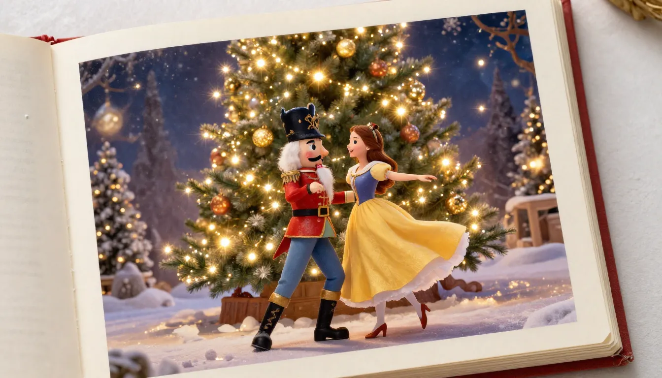 Hyper-realistic scene on a book page: The Nutcracker and Cla...