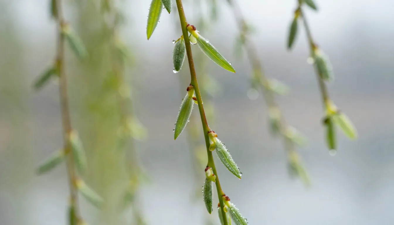 Macro shot of dew drops on the ends of willow twigs, spring ...
