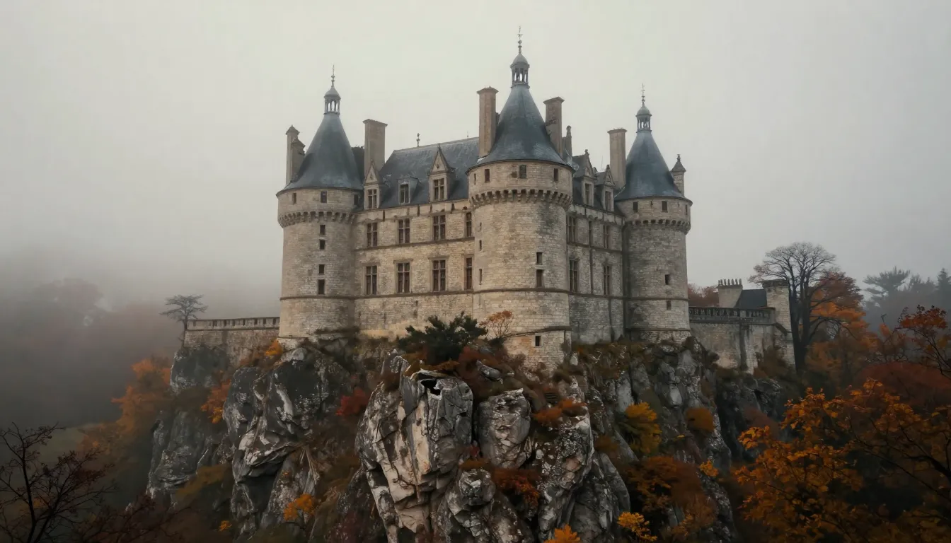 A mysterious 17th-century French stone castle on a rocky cli...