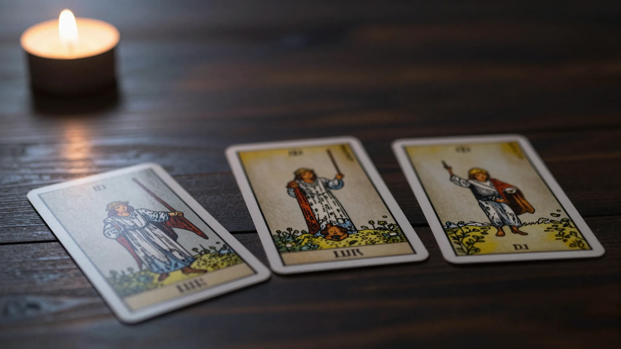 Three tarot cards lying face down on a dark wooden table, my...