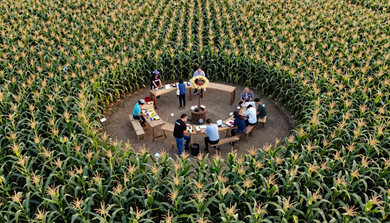 Aerial view of a circular clearing inside a dense corn maze....