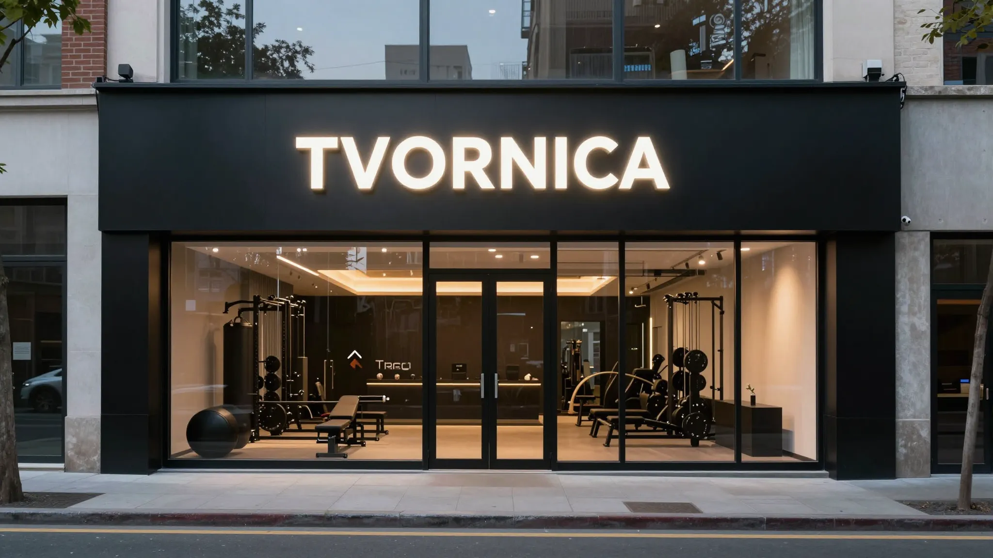 Modern urban storefront of a fitness studio in a city neighb...