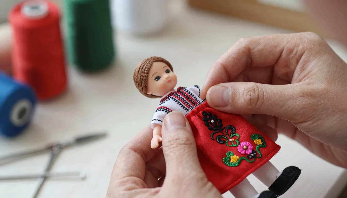 A close-up of hands meticulously sewing intricate details on...