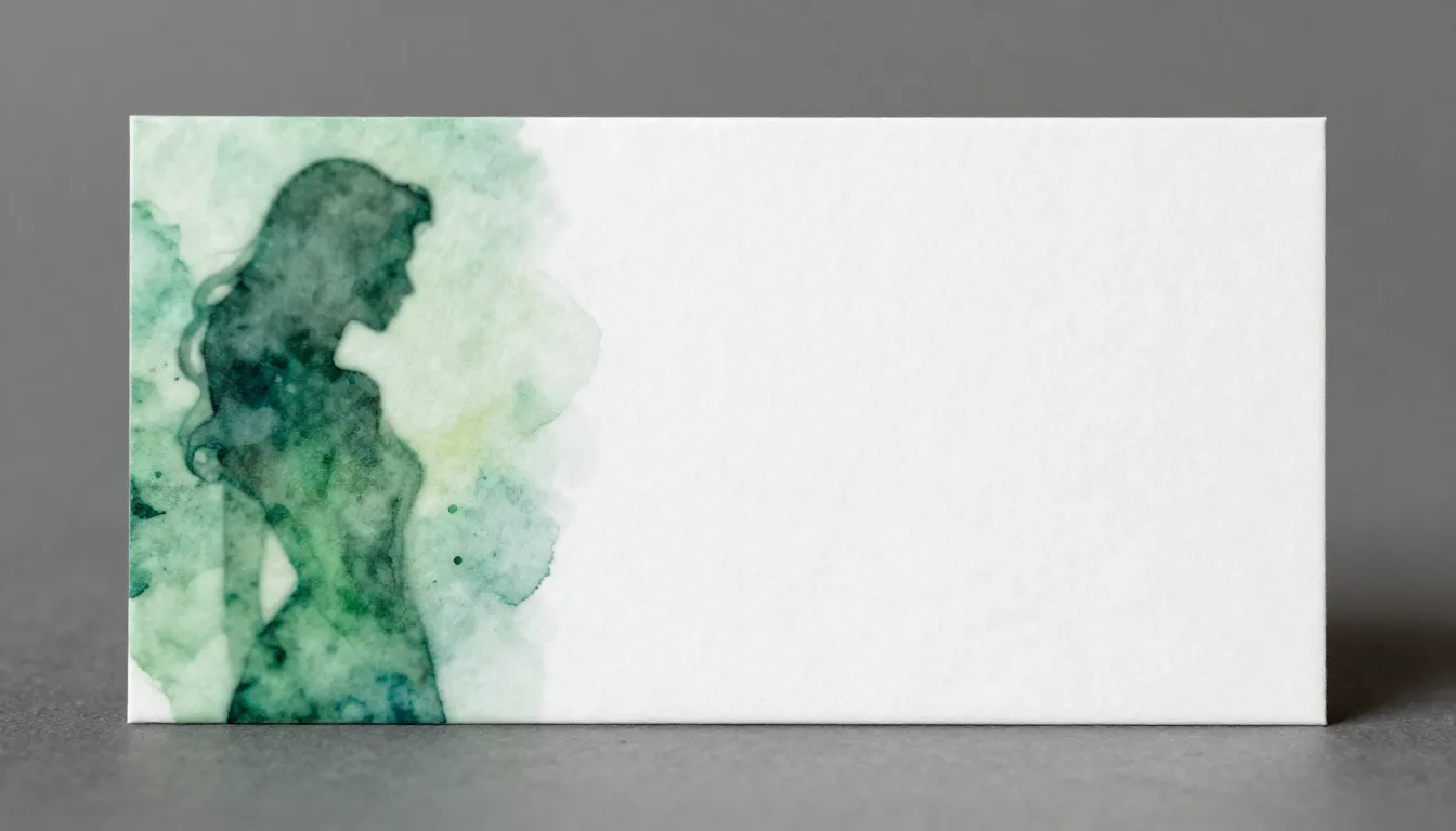 Horizontal business card layout, left side features a blurry...