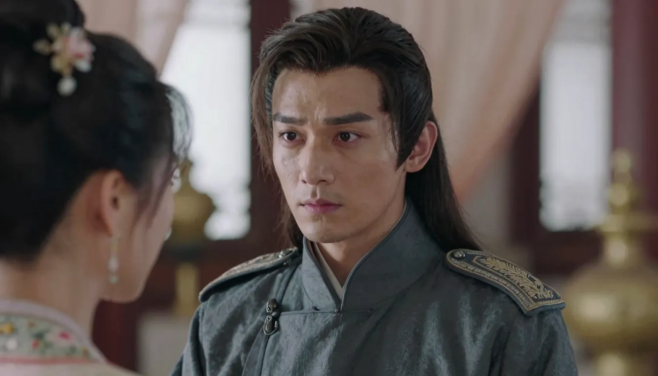 A close-up of a handsome Asian man with long hair in traditi...