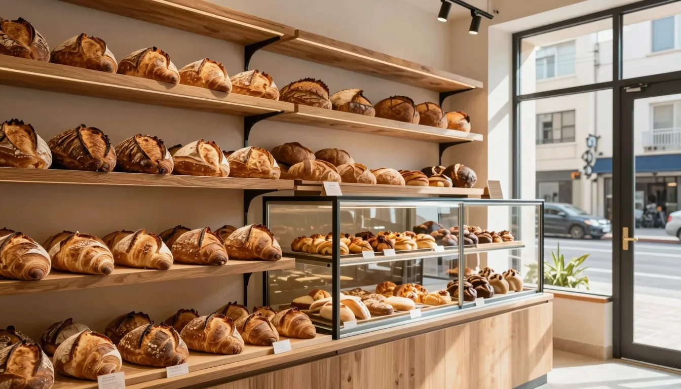 A stylish, modern bakery interior in Tel Aviv, warm wooden s...