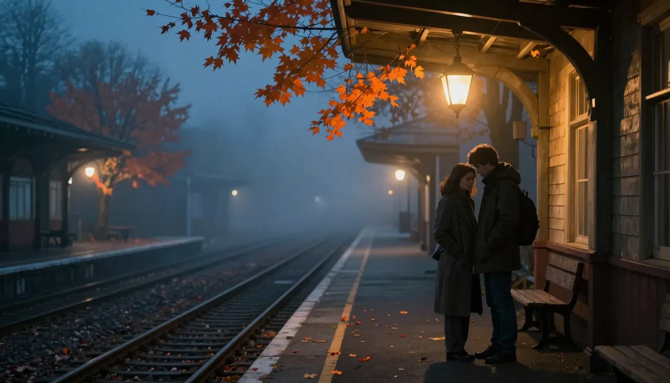 A cinematic, melancholic scene at a vintage railway station ...