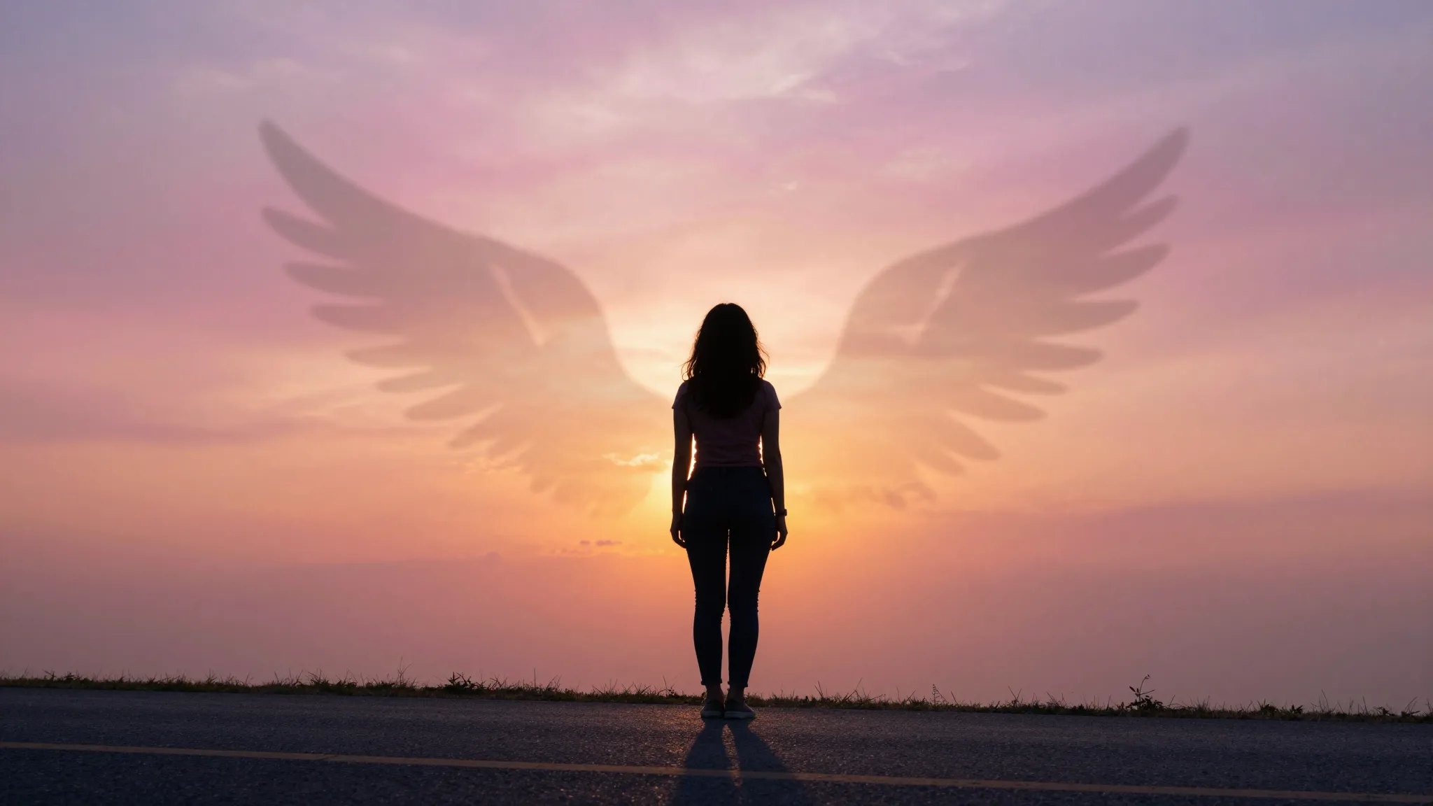 A woman standing on the edge of a road at dawn, her silhouet...