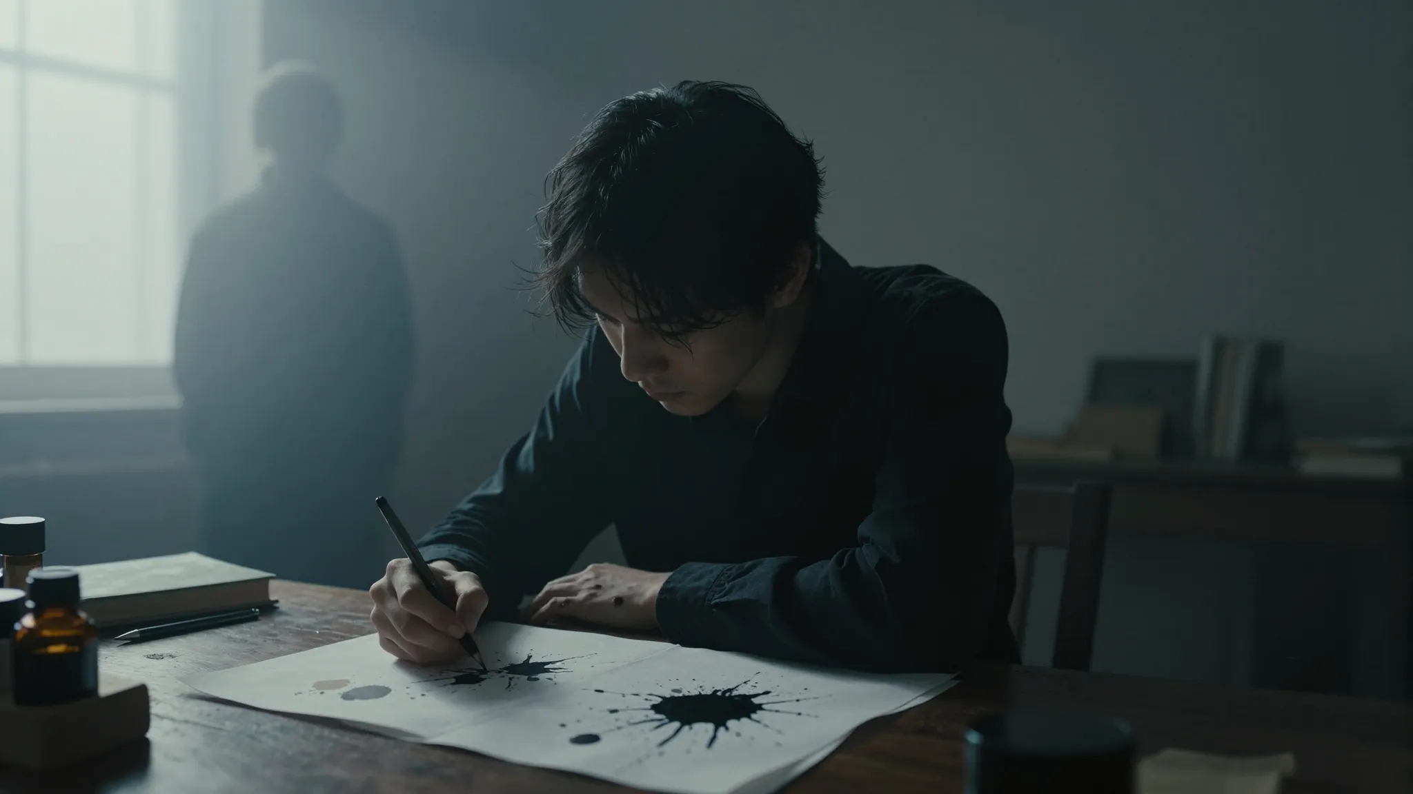 A lonely person writing in a dimly lit room, ink stains on p...