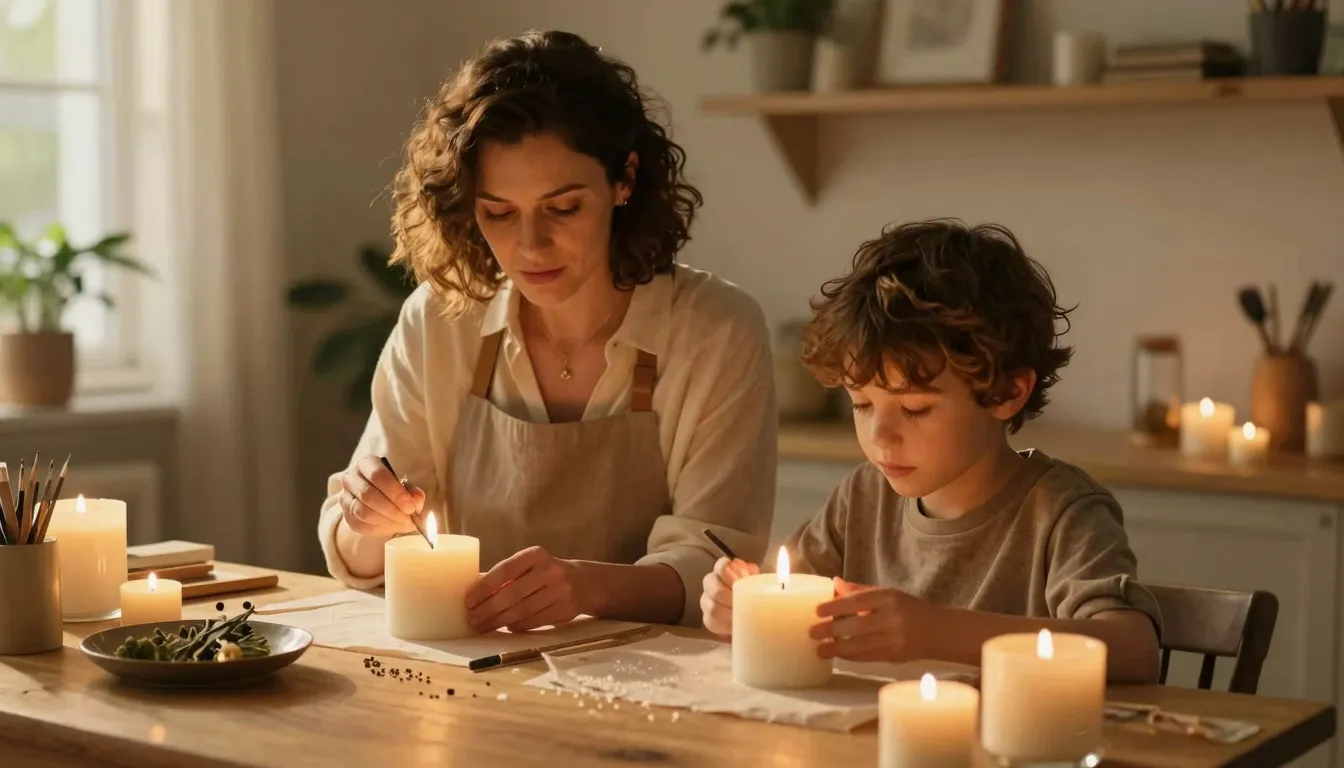 A cozy home workshop with a mother and son working together,...