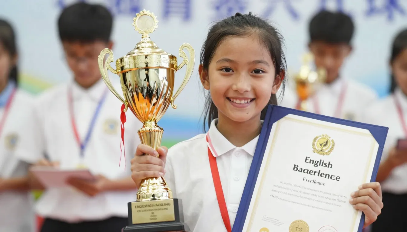 A happy young girl holding a gold trophy and a certificate f...