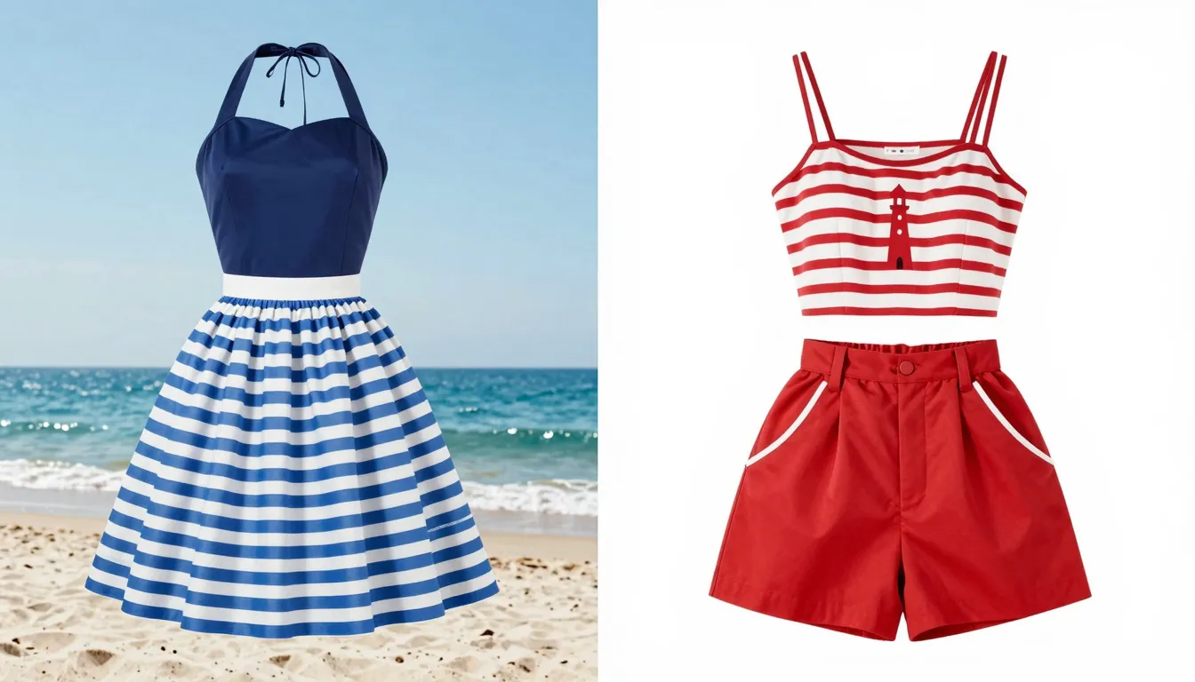 A collage of two 1950s beach outfits. Left: a halter neck dr...
