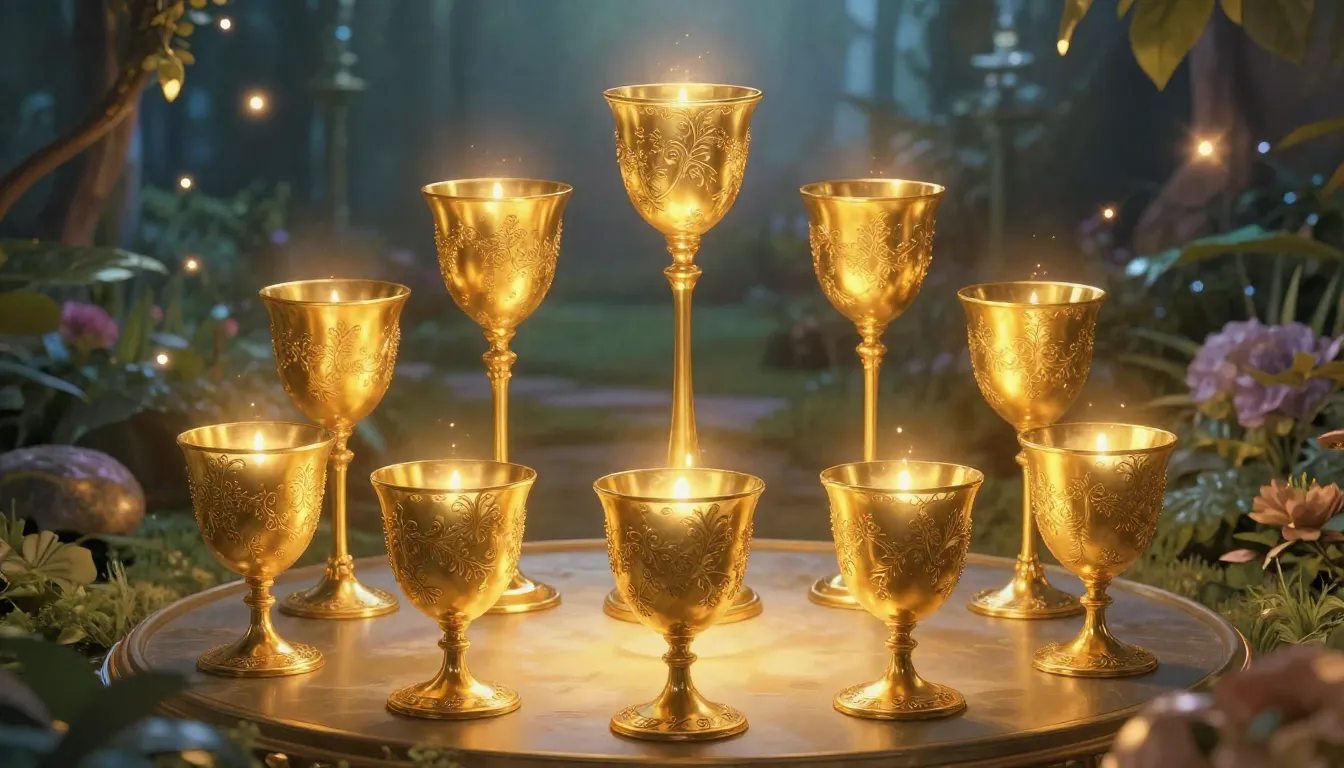 A luxurious scene of nine golden cups arranged in an arch, g...