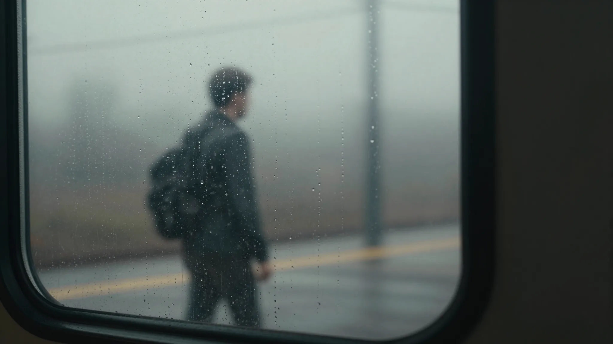 A close-up shot of a train window covered in raindrops and s...