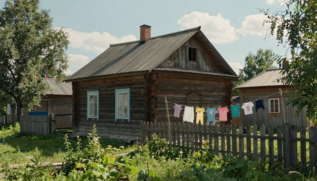 A sunny summer day in a Russian village, a modest wooden hou...
