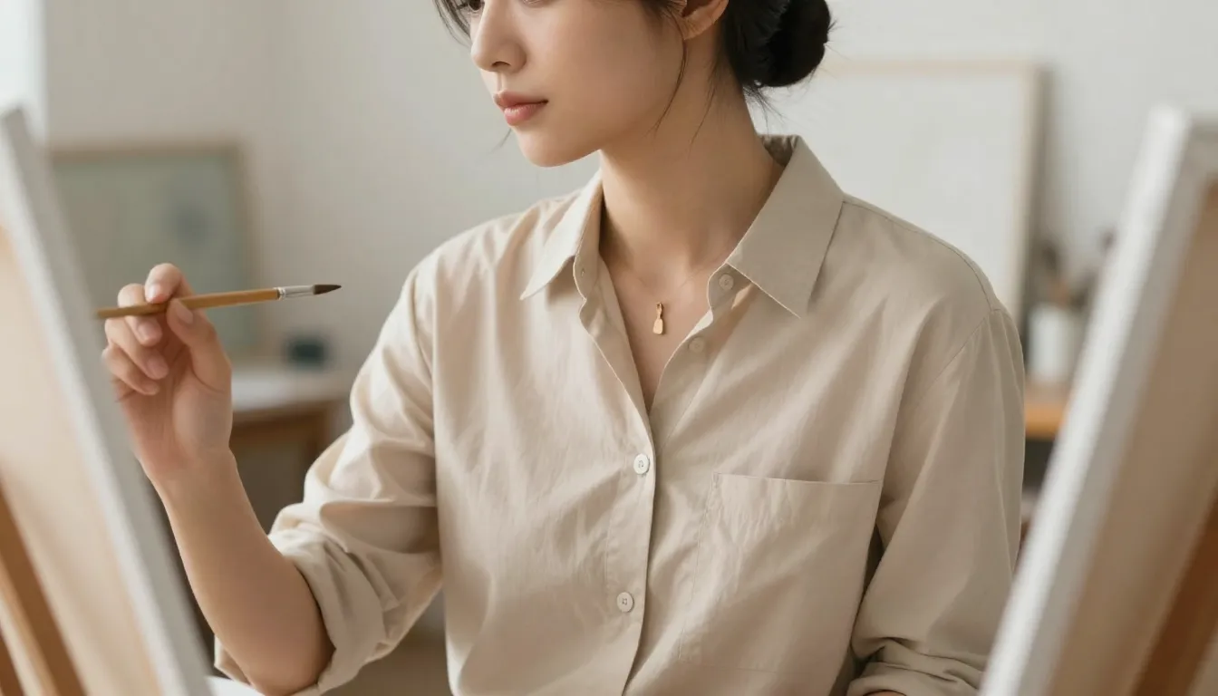 A person with a calm and focused expression, wearing a simpl...