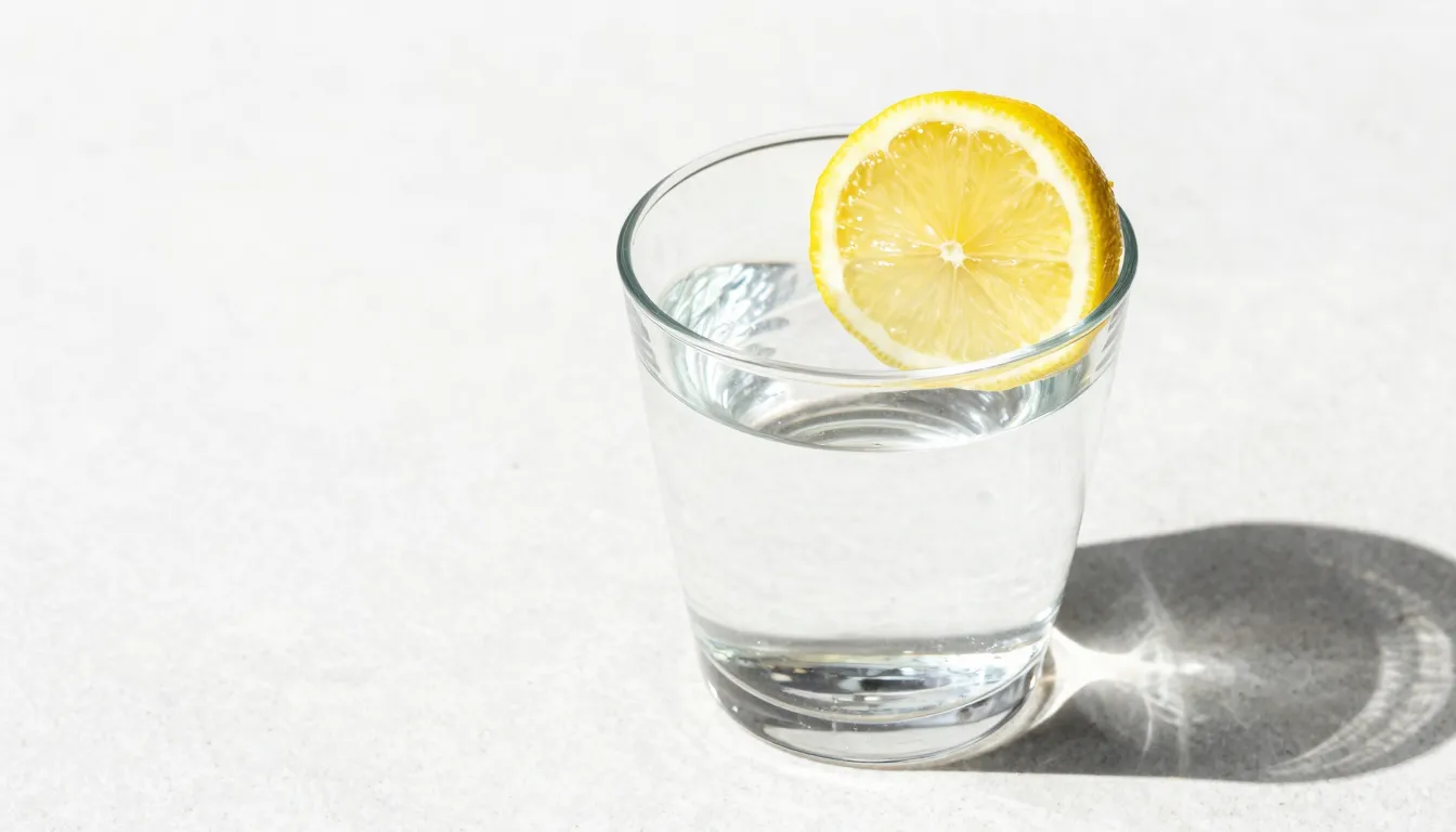 A glass of pure water with a slice of lemon on a white stone...