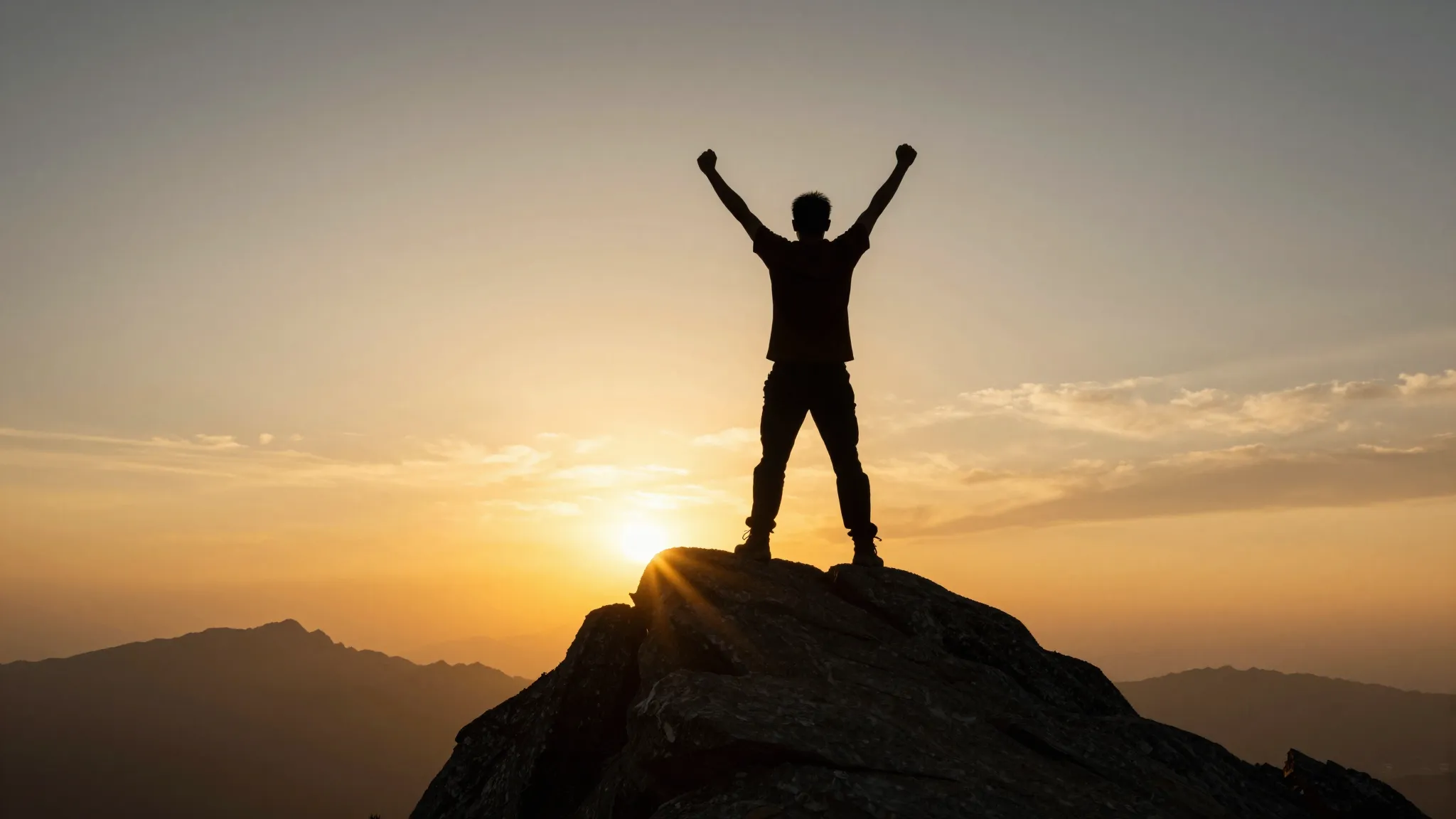 A powerful silhouette of a person standing on top of a mount...