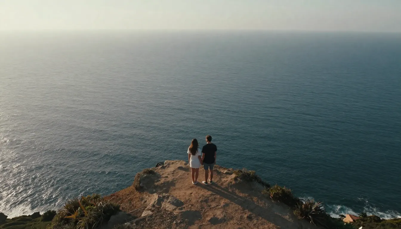Aerial drone view of a romantic couple, one man and one woma...