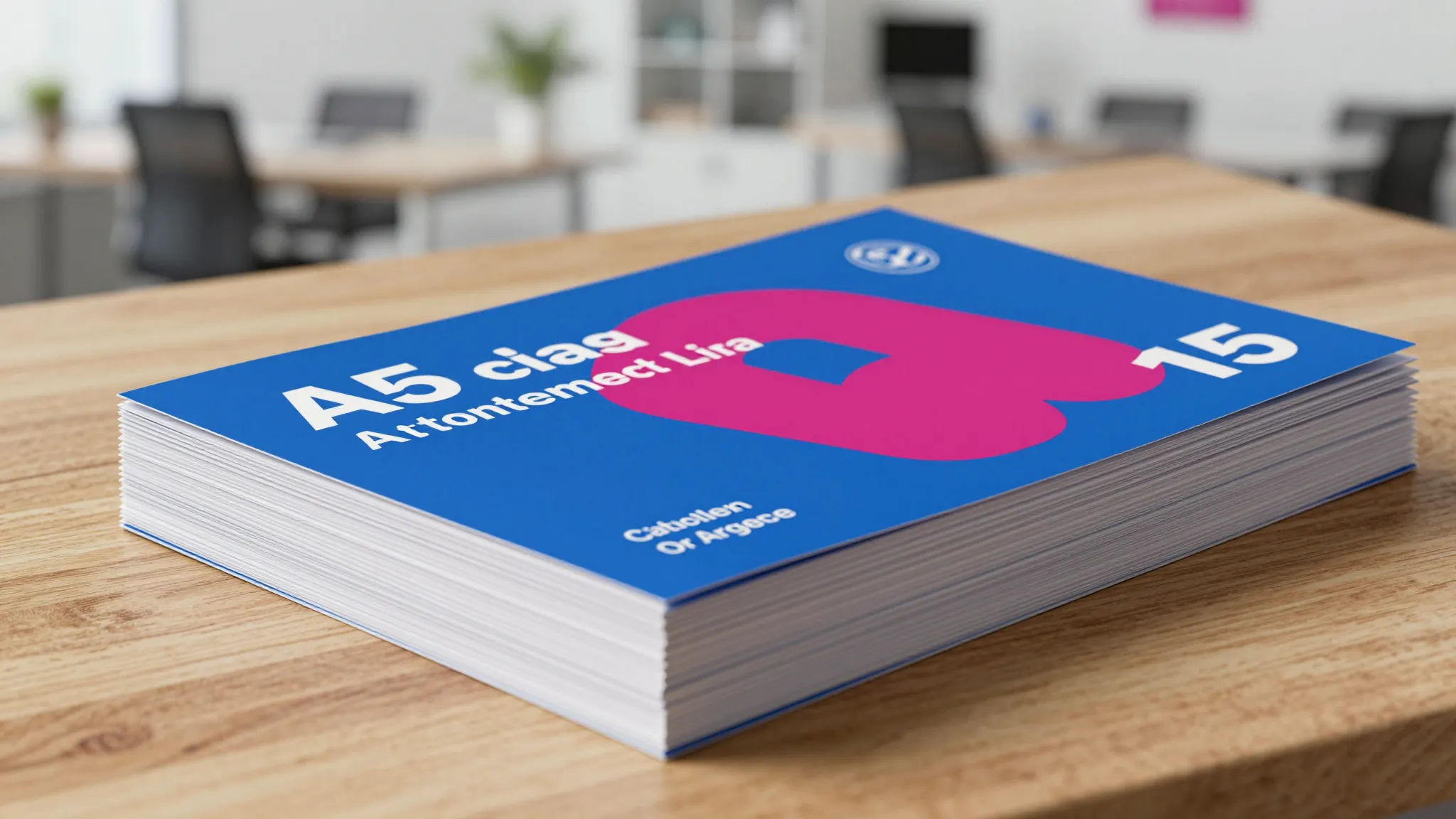 Close-up of a stack of A5 flyers on a wooden table, bright b...