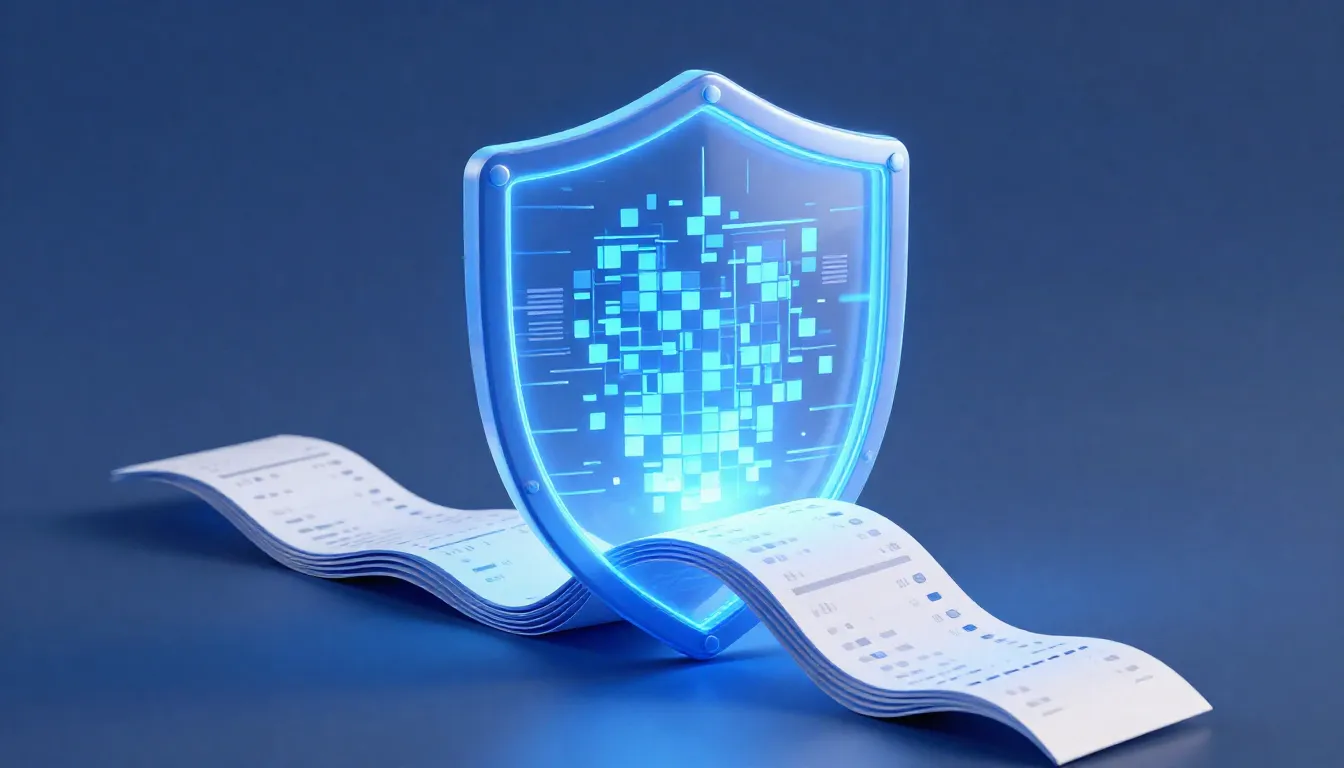 A conceptual illustration of a glowing digital shield protec...