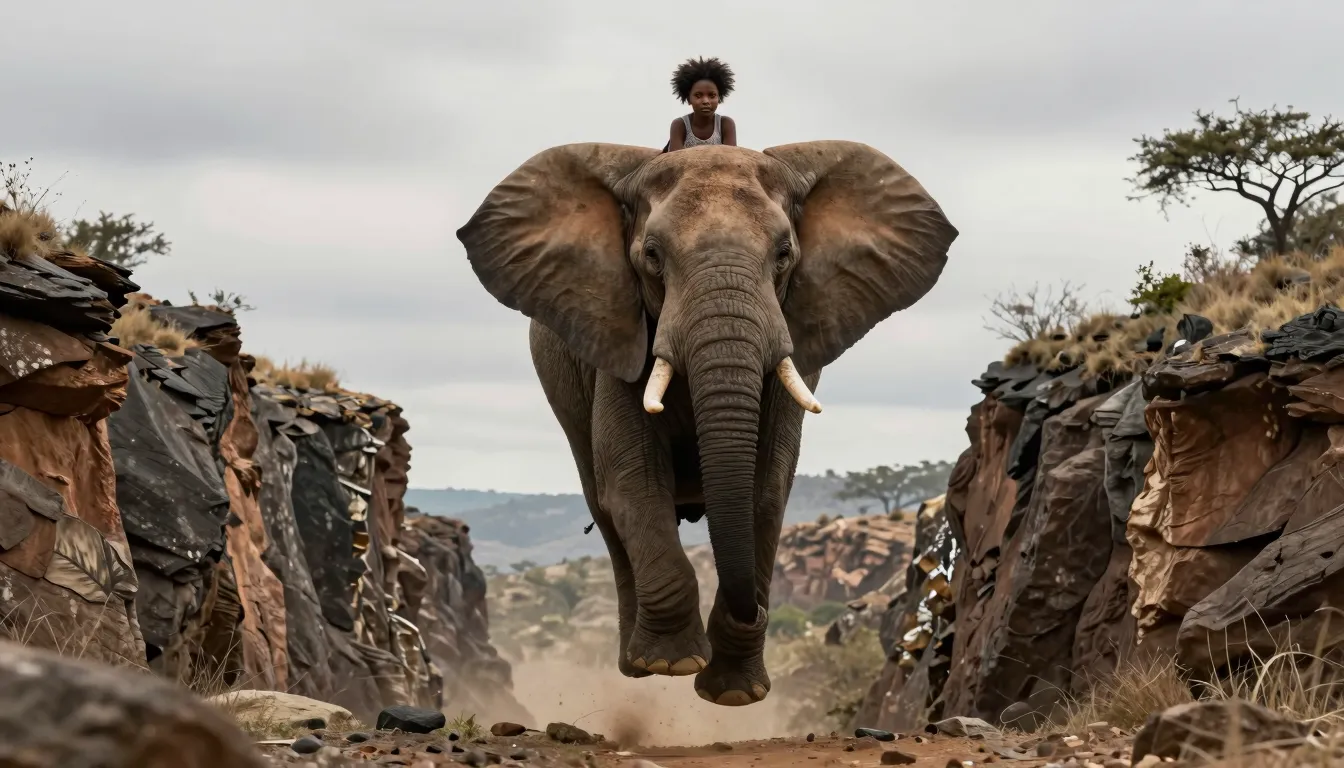 A majestic adult male African elephant leaping across a deep...
