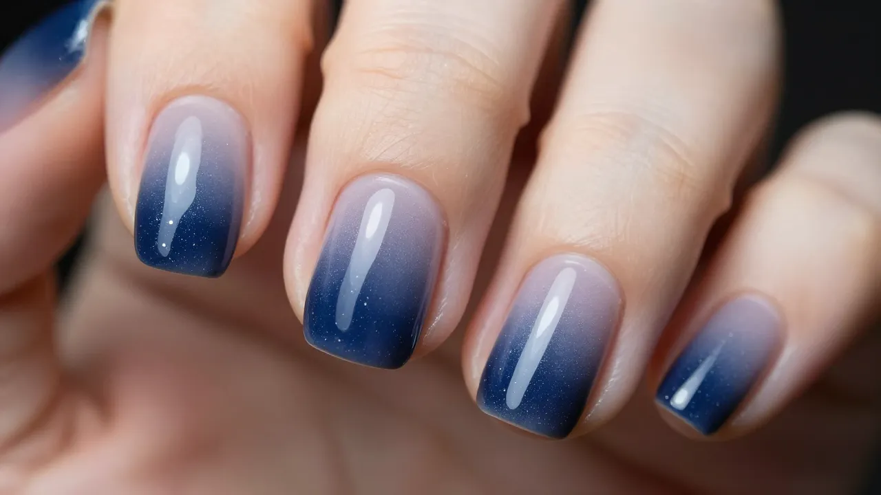 Macro view of short oval nails, 'Ombre' airbrush technique, ...