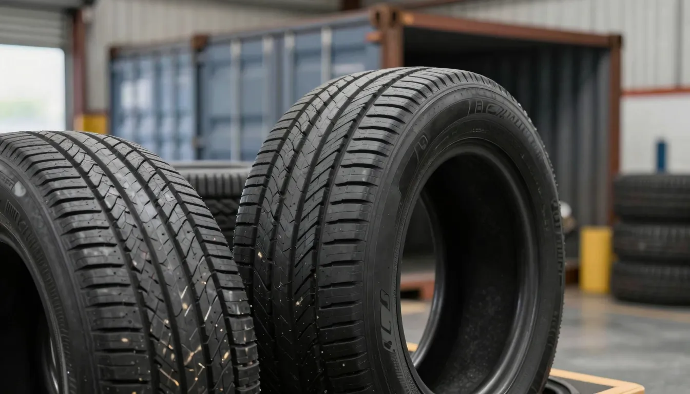A close-up of a stack of new black car tires in a warehouse ...
