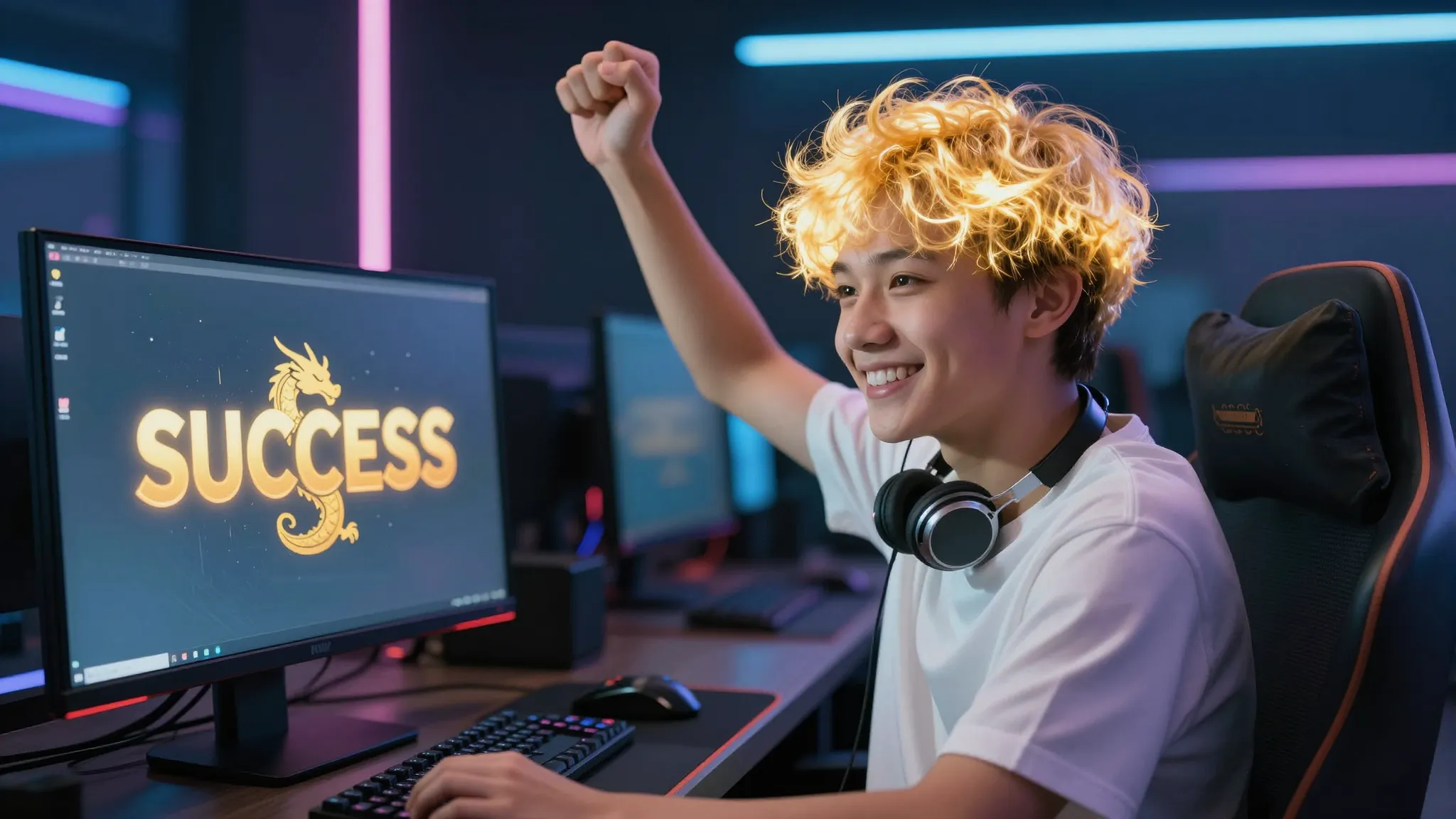 A 15-year-old boy with glowing golden hair, smiling triumpha...