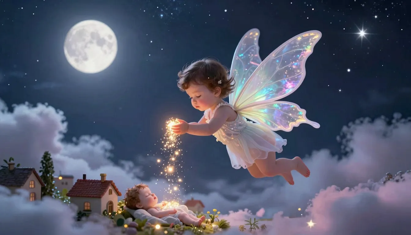 A tiny, beautiful baby fairy with iridescent translucent win...