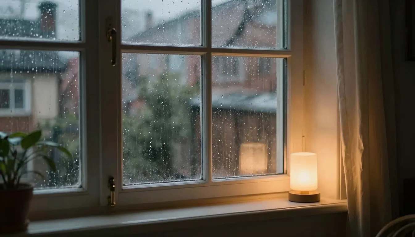 A cozy room with a window, raindrops on the glass, soft warm...