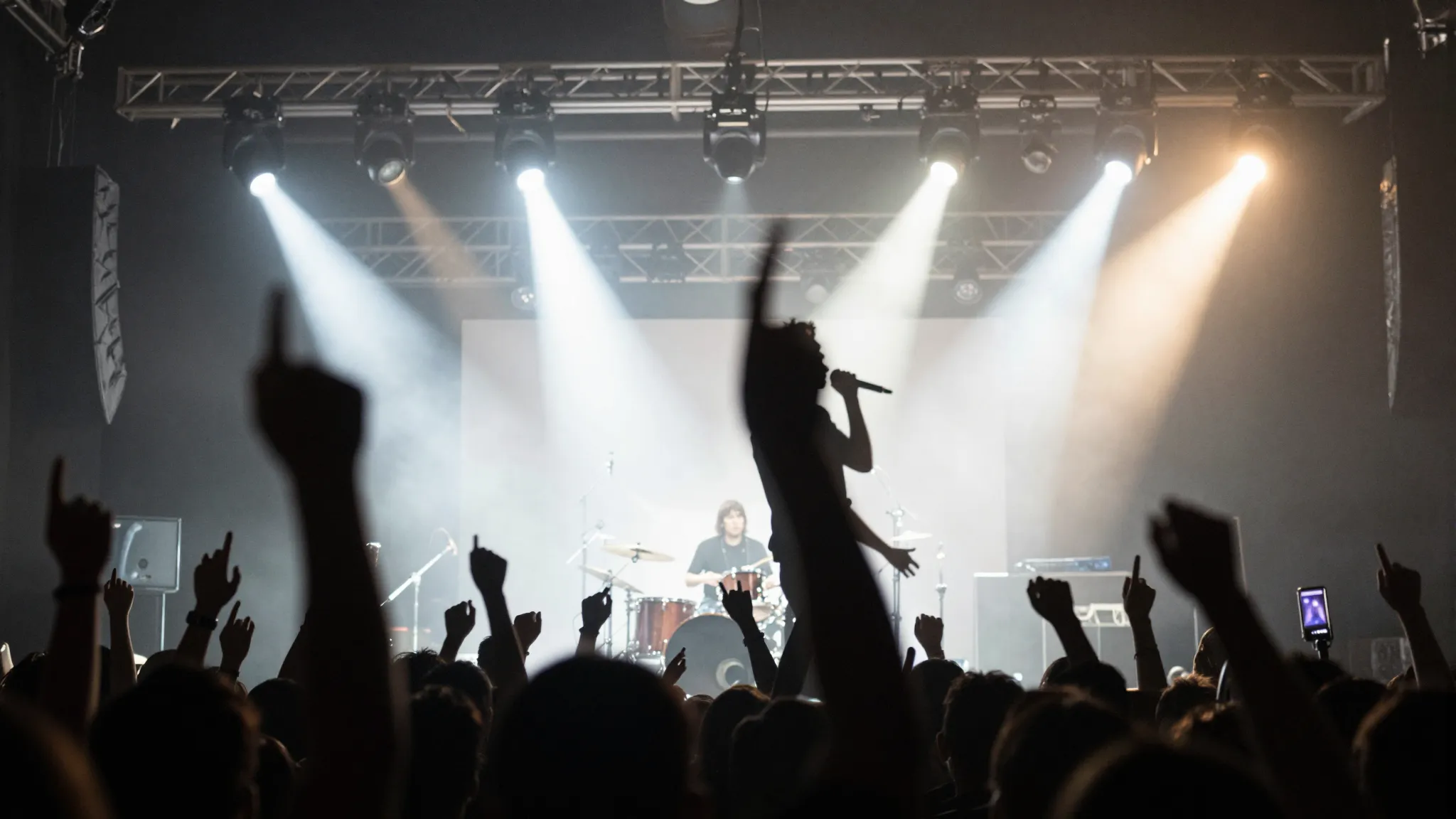 Energetic rock concert silhouette, dark aesthetic, bright st...