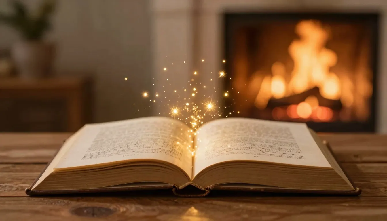 A cozy atmosphere with an open magical book on a wooden tabl...