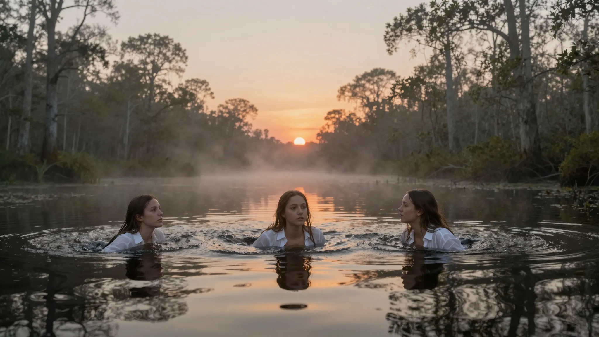 Surreal photography, double vision effect, young women swimm...