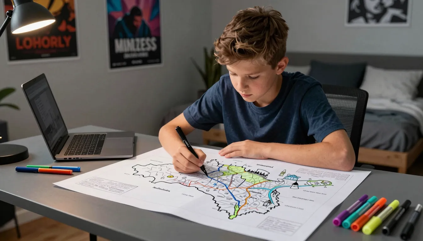 A 13-year-old boy with a creative look sitting at a modern d...