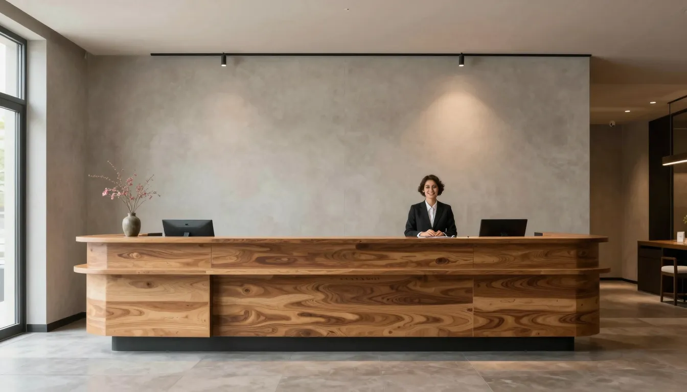 A modern hotel lobby with minimalist design and a friendly r...