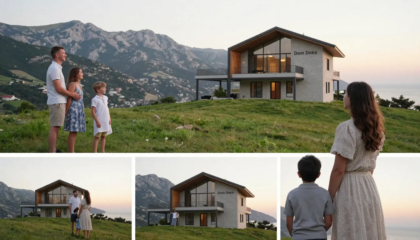 A stylish collage or wide shot of a happy family standing on...