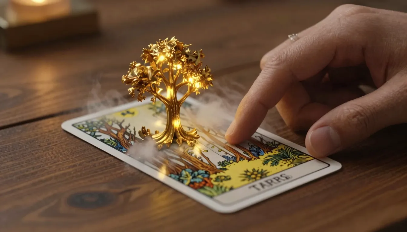 A close-up shot of a hand touching a Tarot card on a wooden ...