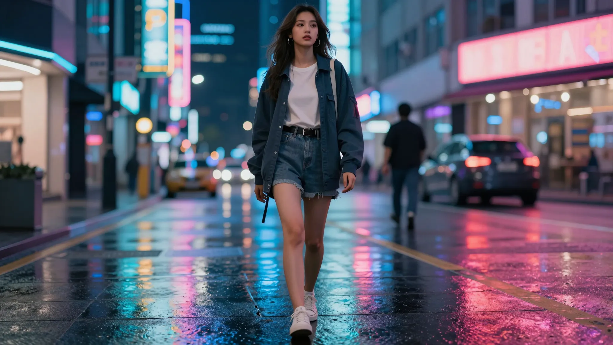 Stylish young woman in modern streetwear standing on a neon-...
