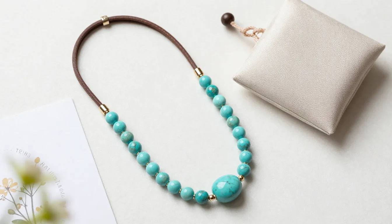 A beautiful flatlay of a turquoise stone necklace on a leath...
