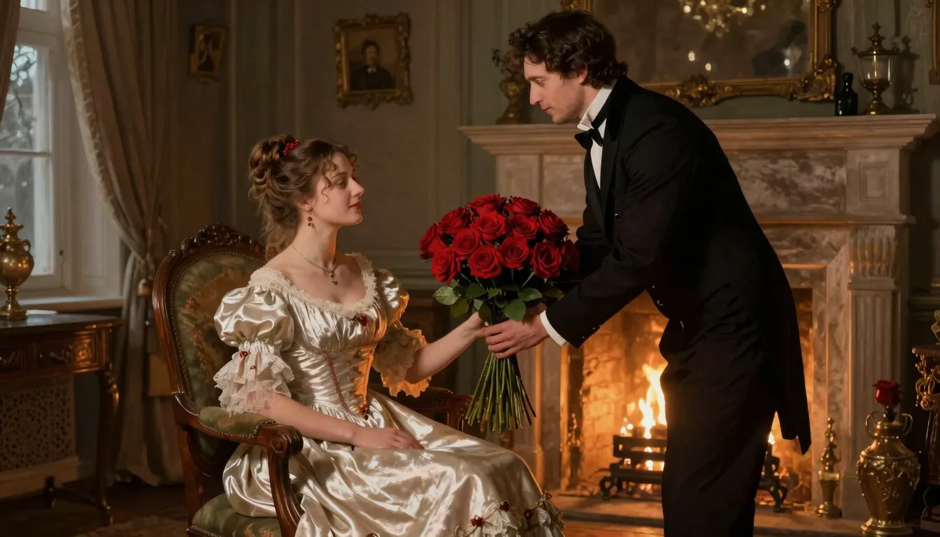 A romantic 19th-century scene in a dimly lit Russian manor, ...