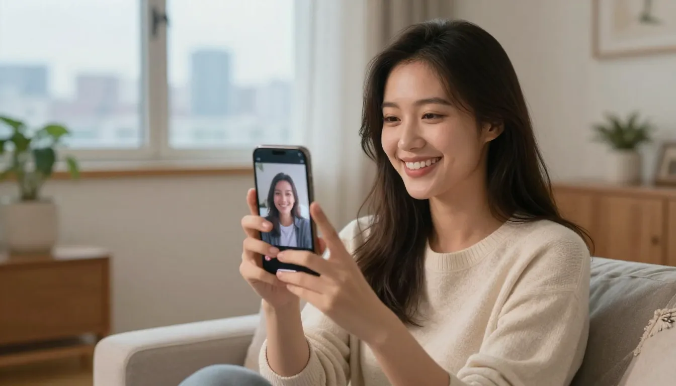 A young woman smiling warmly, holding a smartphone with a vi...